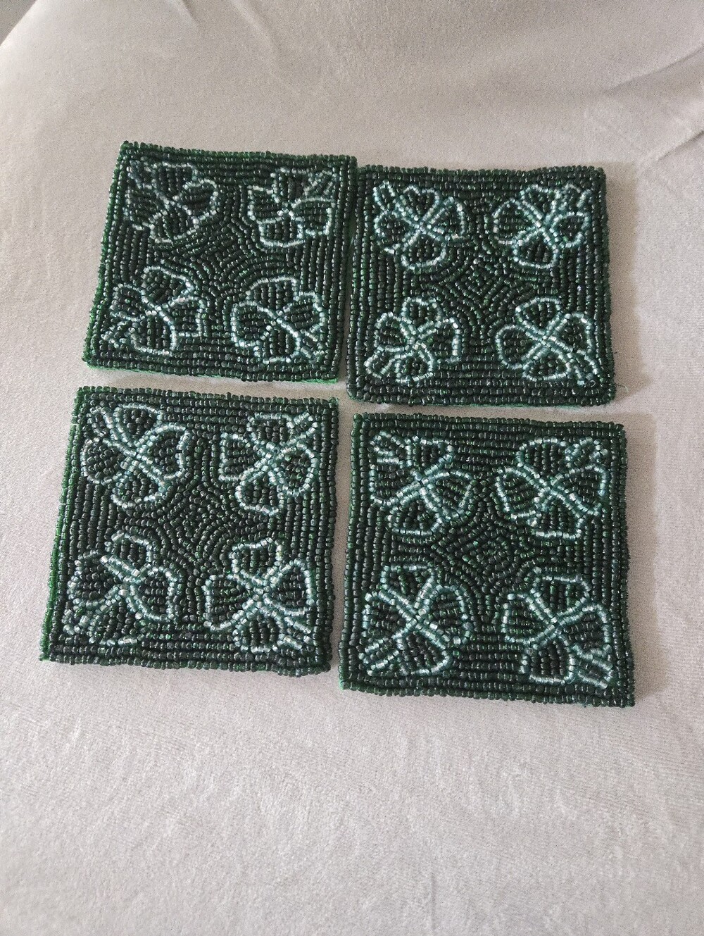 Hand-Beaded Green Shamrock Coasters - Set of 4
